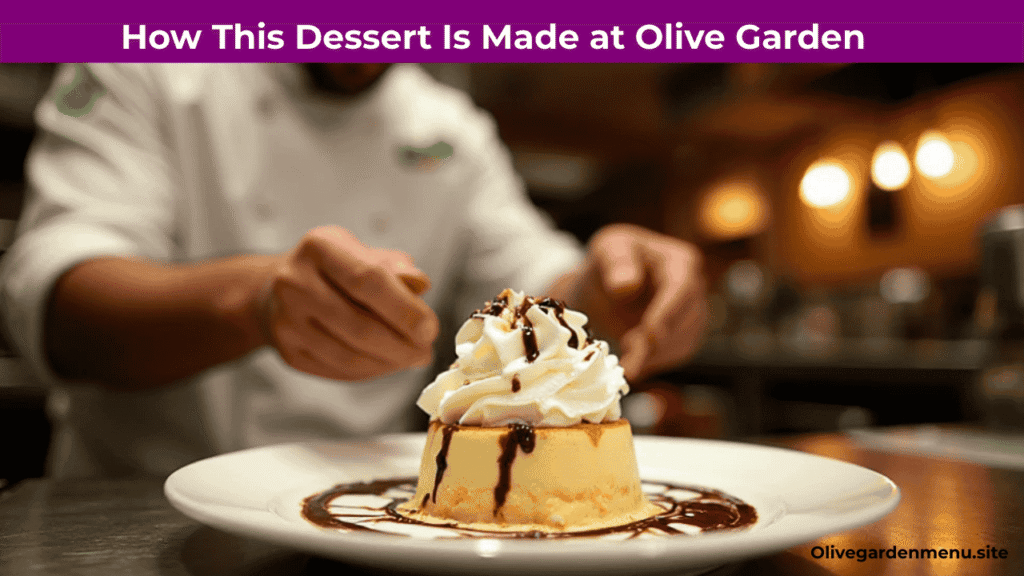 Olive Garden chef making a creamy dessert with chocolate and caramel toppings.
