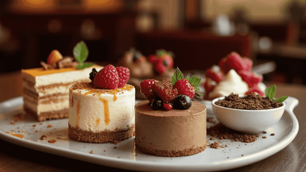 Hero image of Olive Garden Desserts including tiramisu, cheesecake, mousse, and panna cotta in 2025.