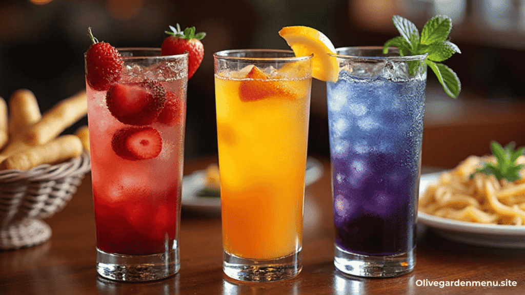 “4 amazing Olive Garden drinks 2025 including margarita, lemonade spritz, sangria, and peach bellini”
