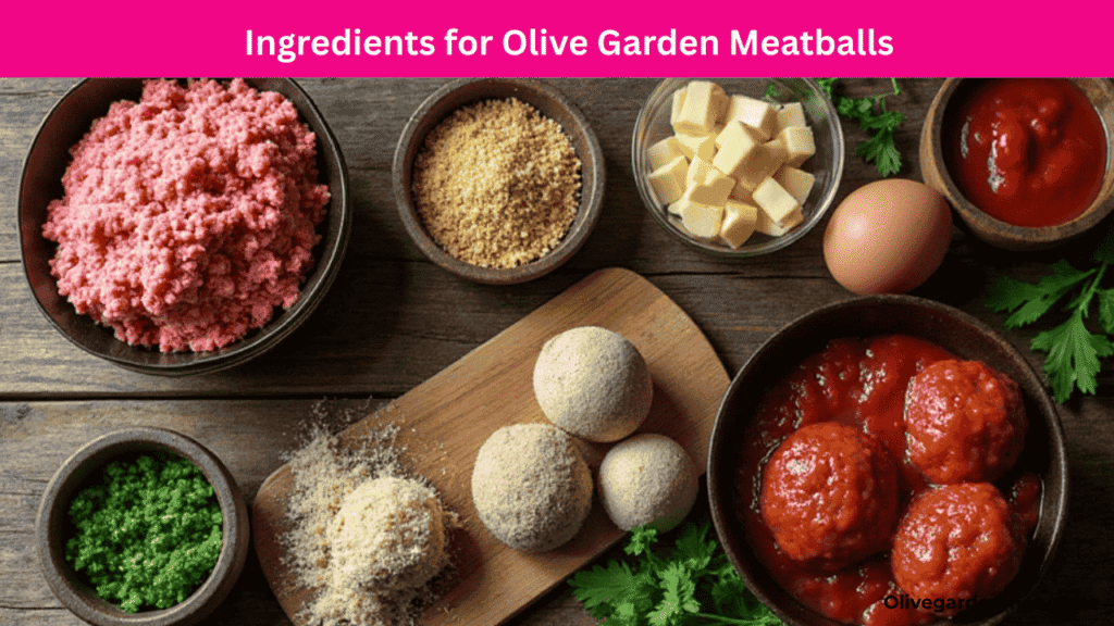 Fresh ingredients for Olive Garden Meatball Recipe on a wooden table