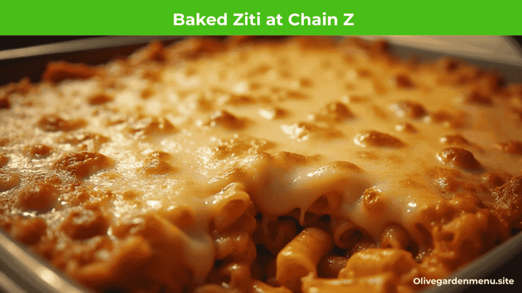 Baked Ziti at Chain Z shown as one of the worst pasta dishes with greasy cheese and watery sauce.