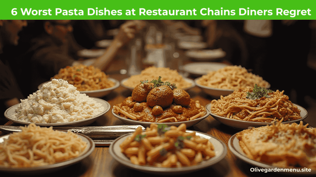6 Worst Pasta Dishes at Restaurant Chains Diners Regret shown in 4K with Alfredo, spaghetti, ziti, shrimp scampi, mac and cheese, and lasagna.