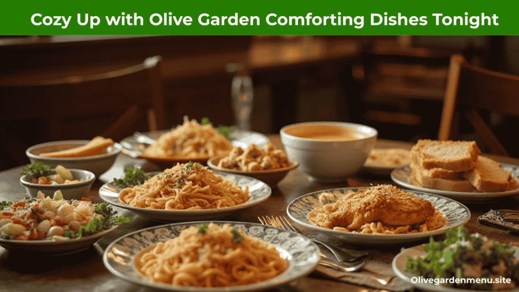 Cozy Olive Garden Comforting Dishes including pasta, soup, and breadsticks on a warm dining table.