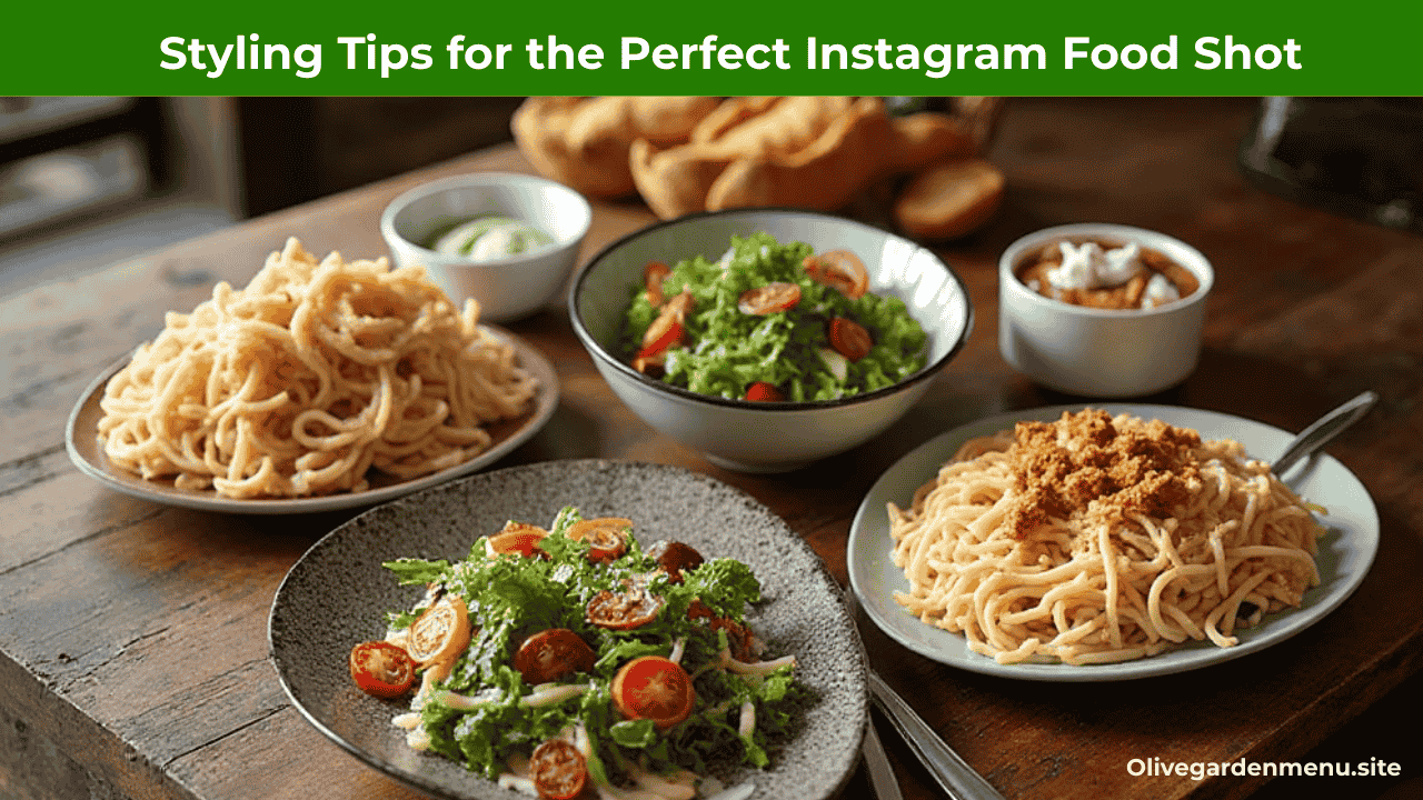 Food styling setup showing Olive Garden Meals arranged with pasta, salad, and breadsticks for a perfect Instagram food shot.