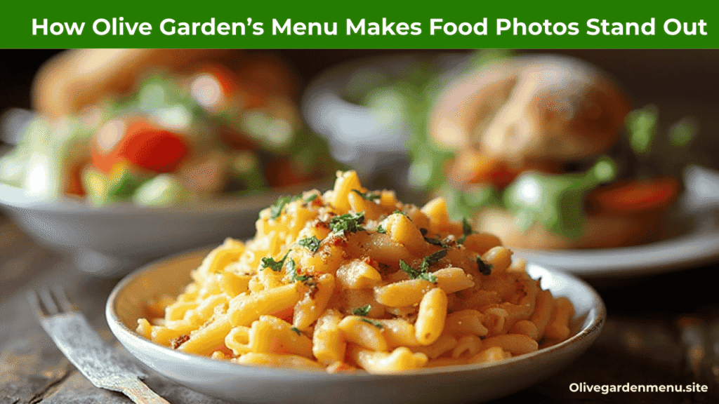 A close-up of Olive Garden Meals showing pasta, salad, and breadsticks styled to stand out in food photography.