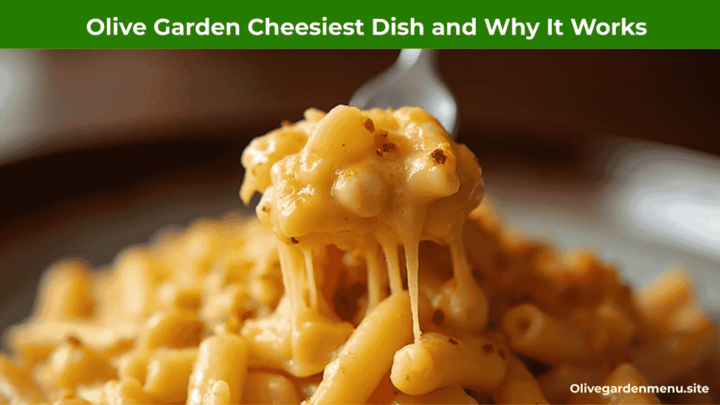 "Olive Garden Cheesiest Dish 2025 with melted golden cheese and pasta."