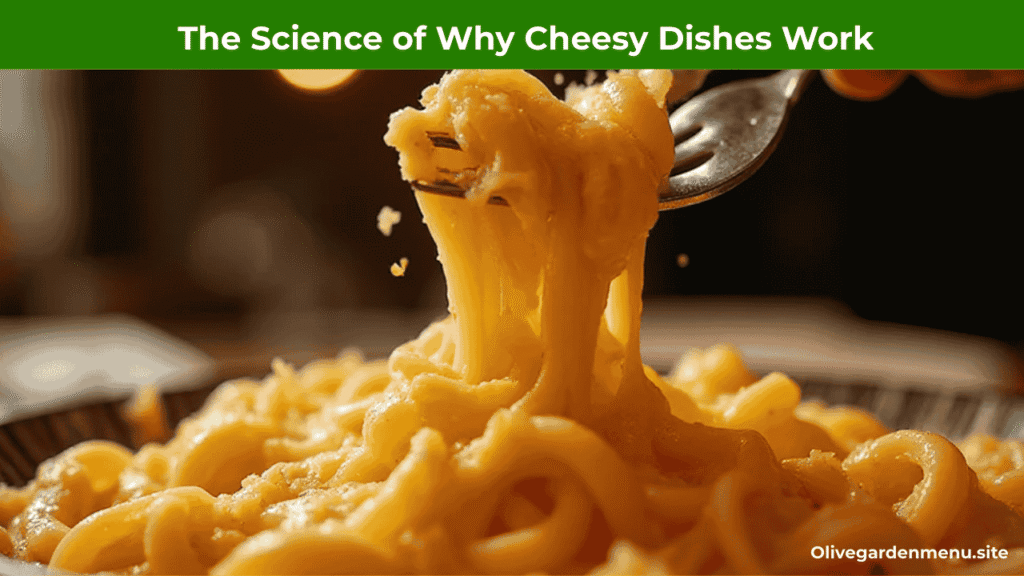 "The science of why cheesy dishes work with melted cheese stretching on pasta."