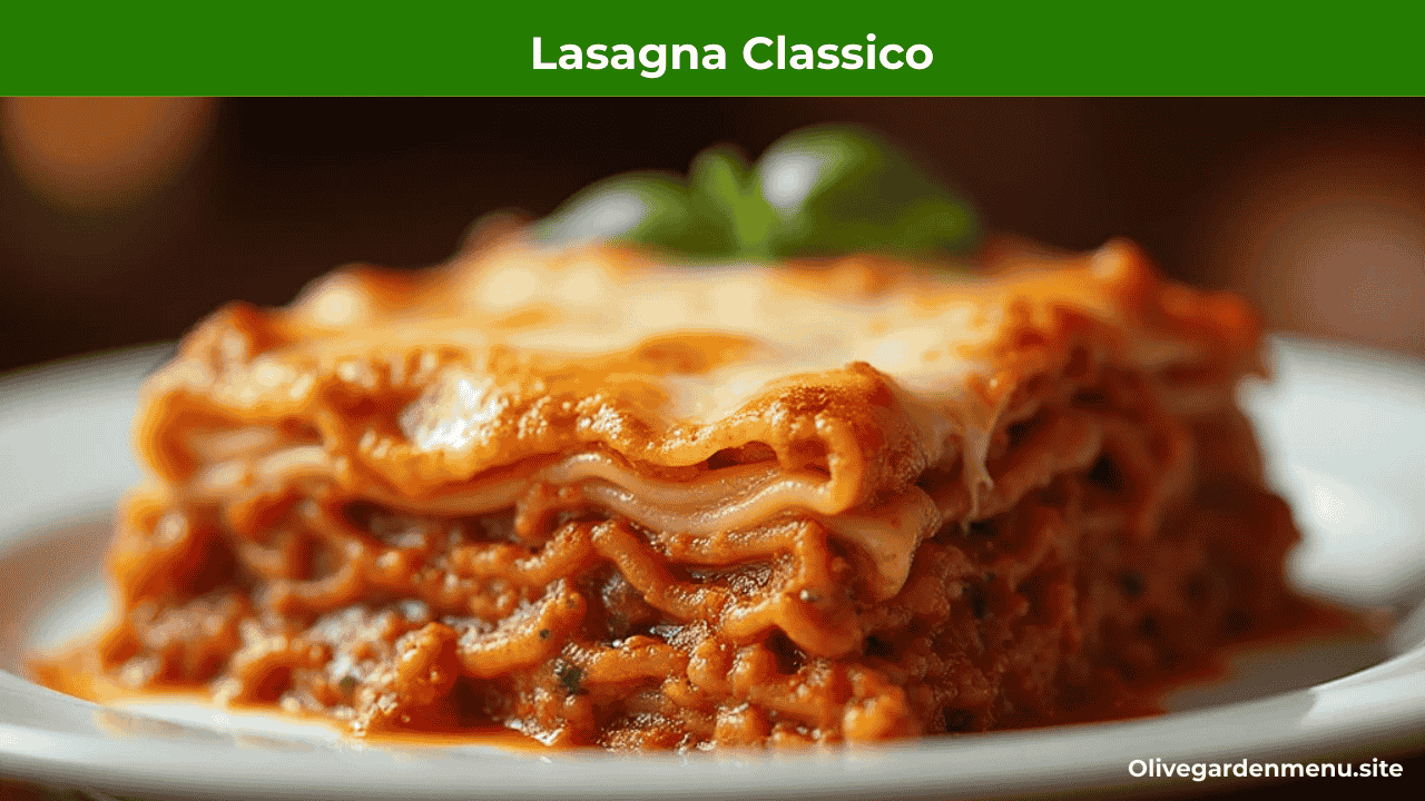 "Olive Garden Lasagna Classico with layers of pasta, meat sauce, and melted cheese."