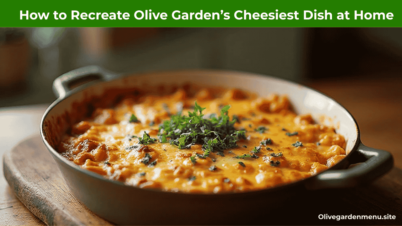 "How to recreate Olive Garden’s Cheesiest Dish at home with bubbling melted cheese on pasta."