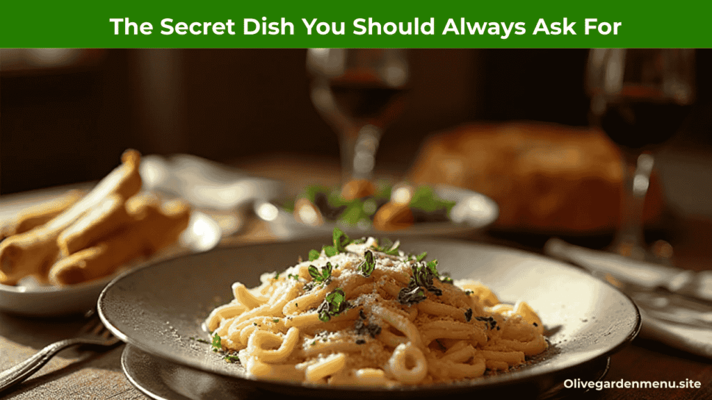 Hidden Italian pasta dish served with breadsticks and wine at Olive Garden.