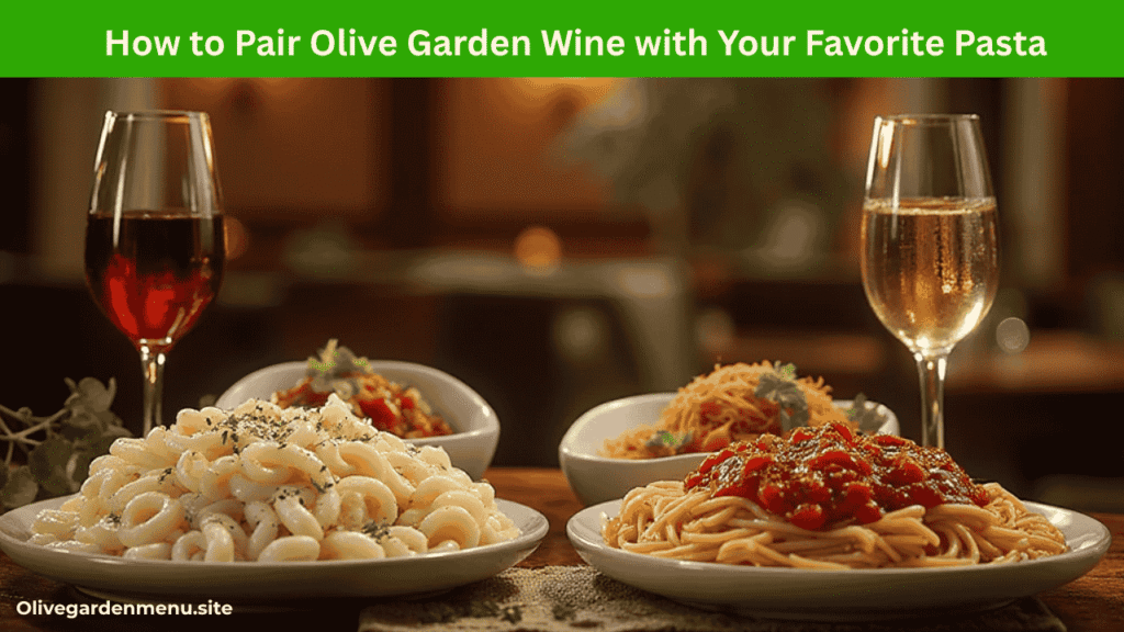 Elegant Olive Garden Wine and pasta pairing on a warm, inviting Italian restaurant background.