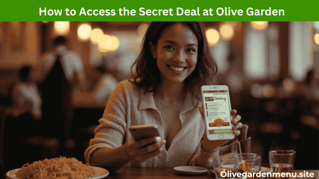 A guest at an Olive Garden restaurant viewing a secret Olive Garden Deal on their smartphone while enjoying pasta and breadsticks.