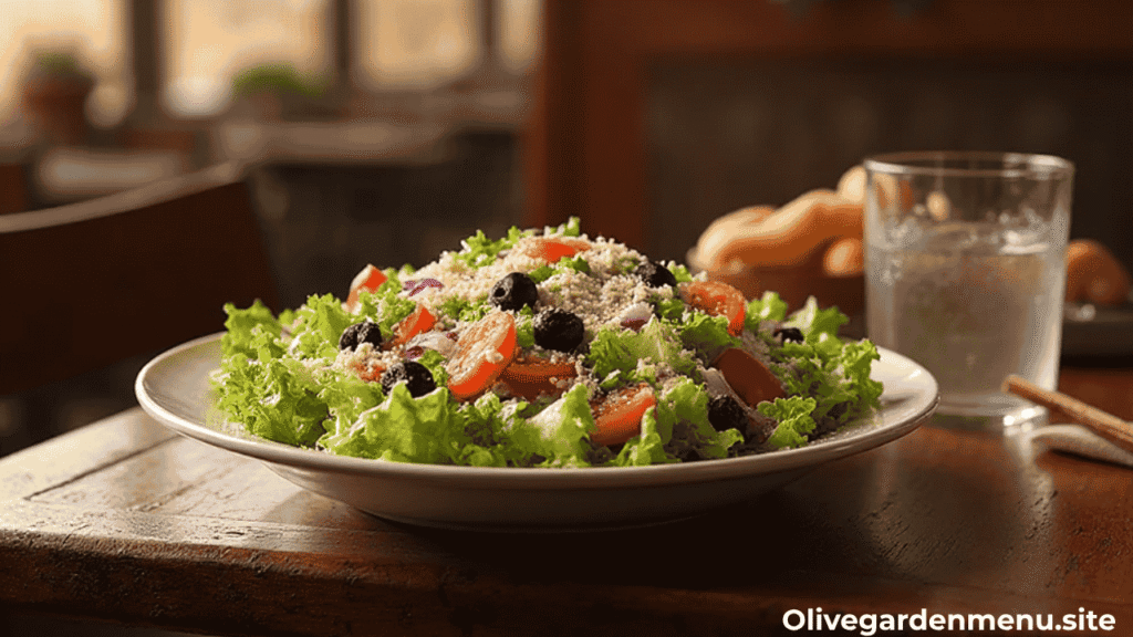 A delicious bowl of Olive Garden's Fresh Salad served with breadsticks at a cozy Italian restaurant table.