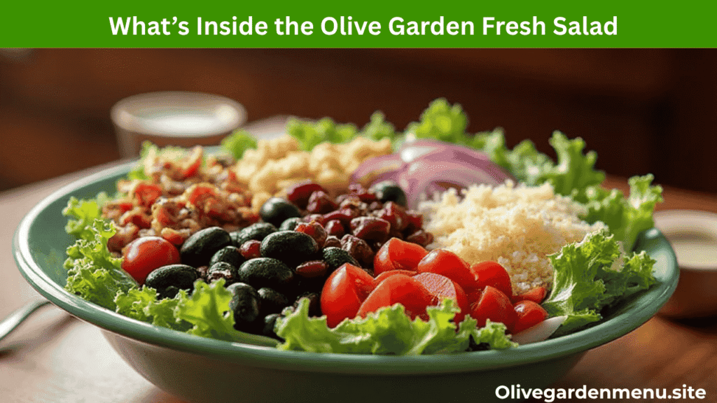 Close-up of the Olive Garden Fresh Salad ingredients, including lettuce, tomatoes, olives, onions, and Parmesan cheese.