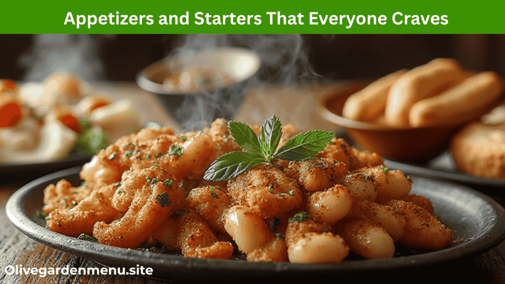 Delicious Olive Garden appetizers and starters, including calamari, breadsticks, and fried mozzarella, served fresh on a rustic table.