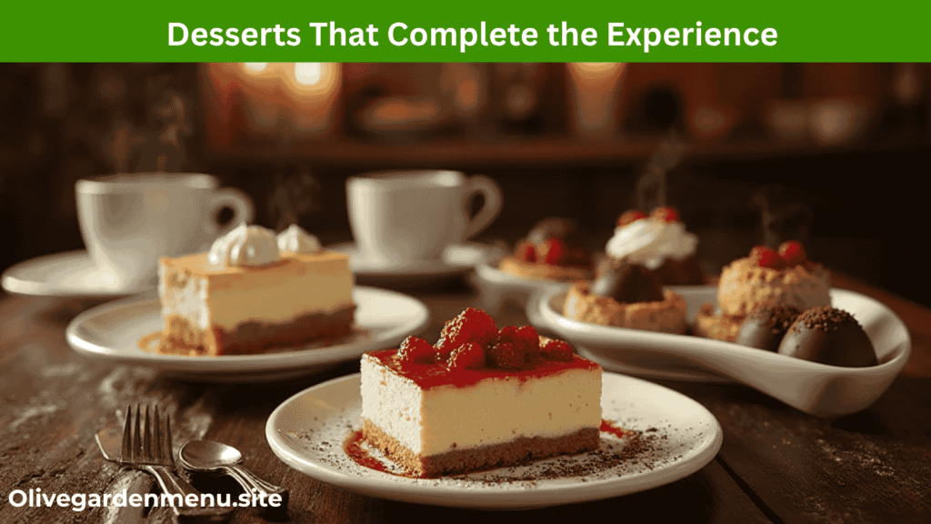 Delicious Olive Garden desserts including Tiramisu, Cheesecake, and chocolate dolcini, beautifully served in a cozy Italian setting.