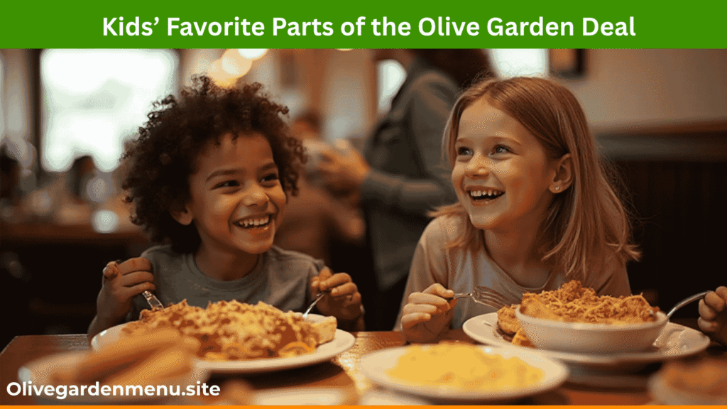 Happy kids enjoying Olive Garden Deal meals with pasta, breadsticks, and chicken tenders at a cozy family restaurant.