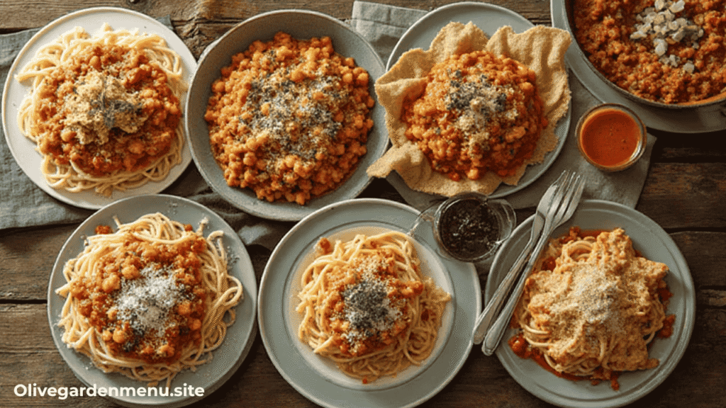 Olive Garden’s top pasta choices served on a rustic table with fresh herbs and parmesan