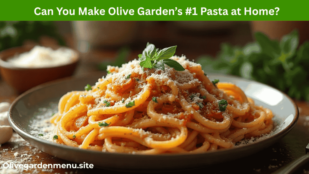 Homemade Olive Garden’s #1 Pasta plated with fresh herbs and parmesan