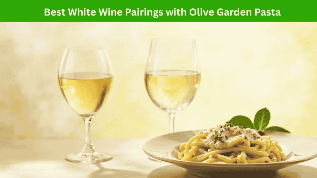 White Olive Garden Wine paired with creamy pasta on a soft golden and olive background.