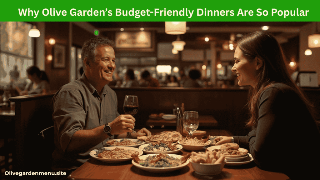 Happy couple enjoying budget-friendly dinner at Olive Garden restaurant.