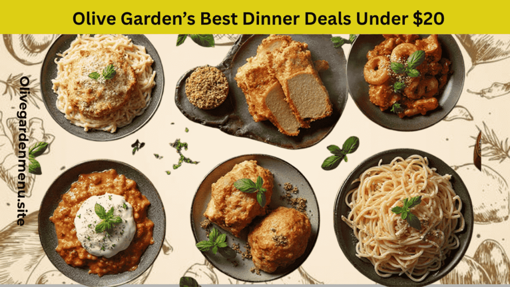 Colorful hand-drawn Italian food background with empty center space for Olive Garden content.